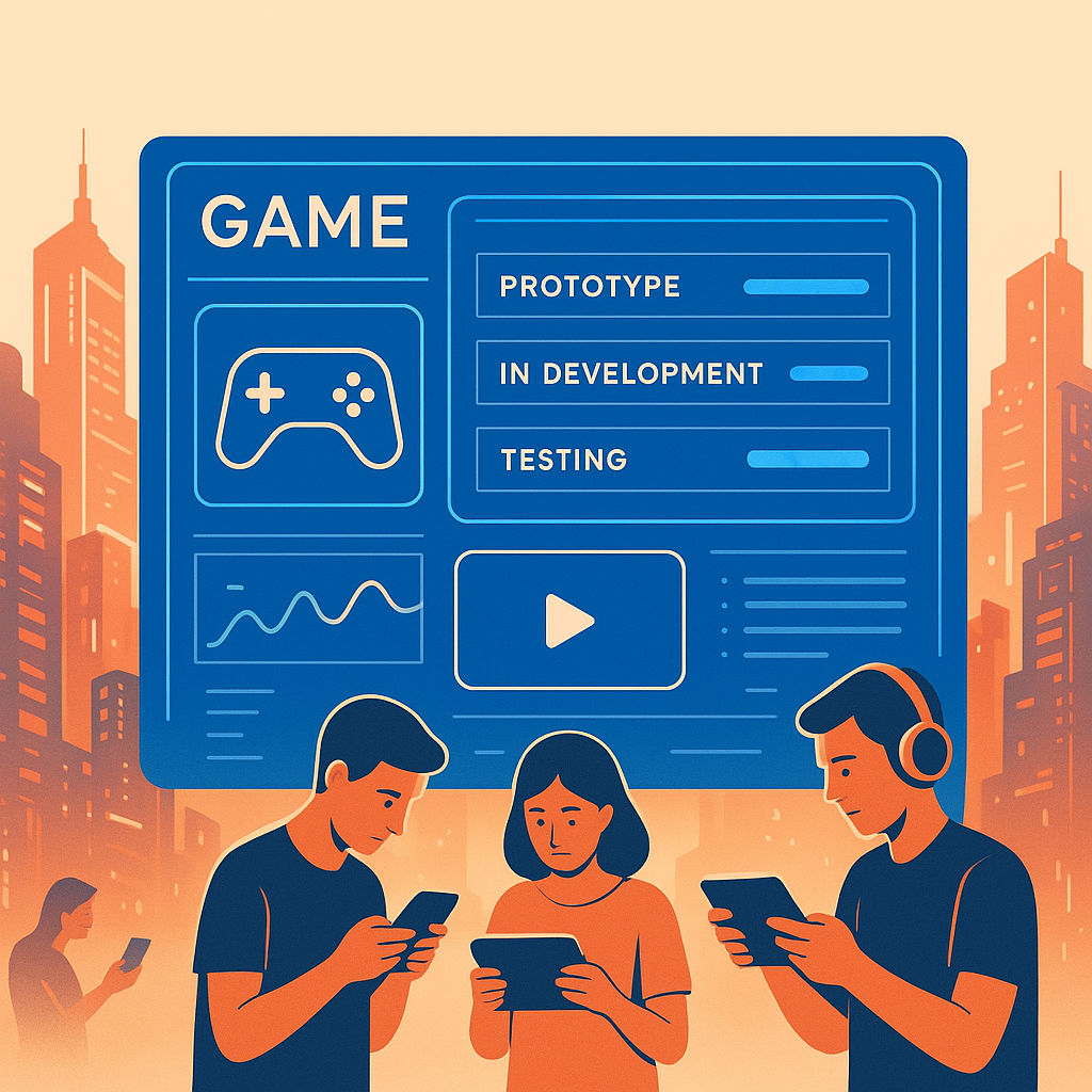 ArcadePulse platform hero artwork showing HUD overlays and player testing scene
